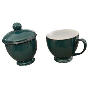 Denby Greenwich Creamer And Sugar Bowl with Lid Green White Stoneware England